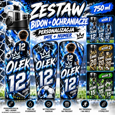ZESTAW PIŁKARSKI Z PERSONALIZACJĄ – BIDON 750 ML + OCHRANIACZE
